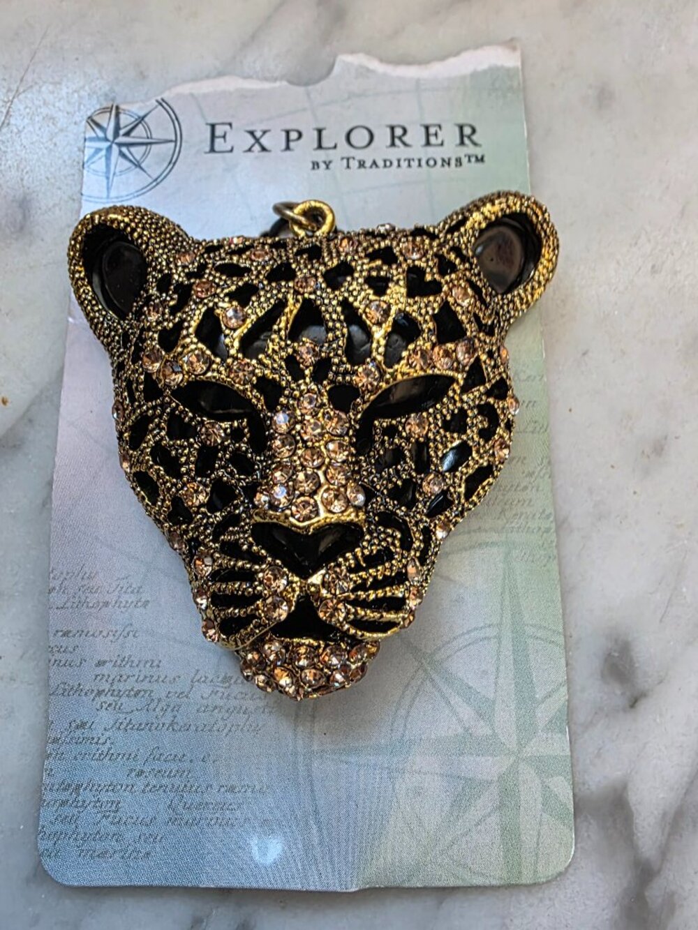 Explorer by Traditions Leopard Head Pendant Gold Tone Rhinestone Statement